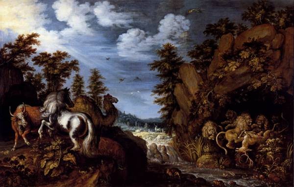 Savery Roelandt A Rocky Landscape With A Stallion Bull And Camel